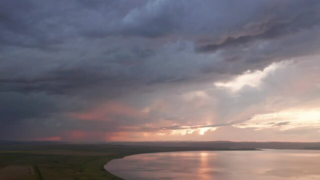 Beautiful sunsets over lakes Shira and Bele, Lake Khakassi, Aerial view, drone, Russia