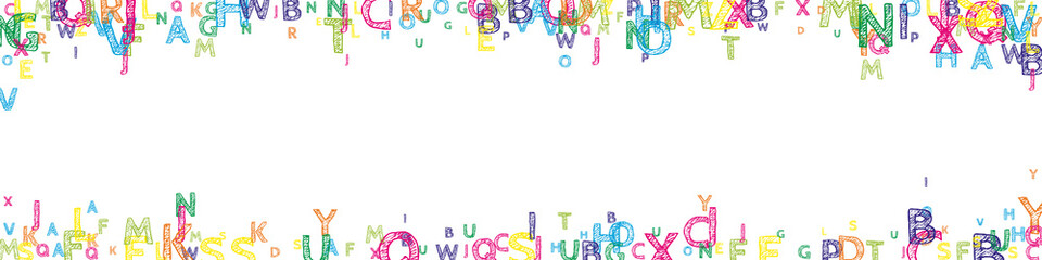 Falling letters of English language. Bright handdrawn flying words of Latin alphabet. Foreign languages study concept. Fantastic back to school banner on white background.