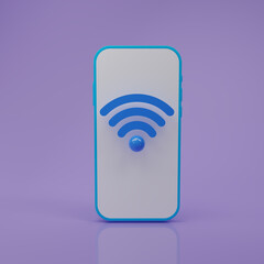 blue Wifi icon on smartphone isolated on purple background. Wifi sign. Wi Fi Wireless Network Symbol. 3d rendering