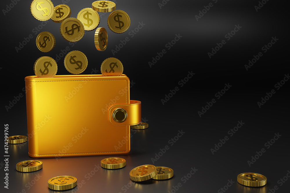 Wall mural 3d gold wallet and gold coins on dark background. falling coins and yellow purse. cashless society c