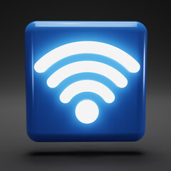 Wifi  with shining light icon, icon  isolated on dark background. White on blue Wi-fi Sign.. Wi Fi Wireless Network Symbol. 3d rendering