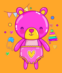 cute pink bear character vector