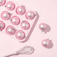 Pink Christmas balls in the oven tray with whipping spoon. Creative minimal New Year cooking concept.