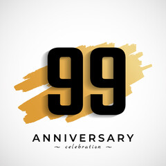 99 Year Anniversary Celebration with Gold Brush Symbol. Happy Anniversary Greeting Celebrates Event Isolated on White Background - obrazy, fototapety, plakaty
