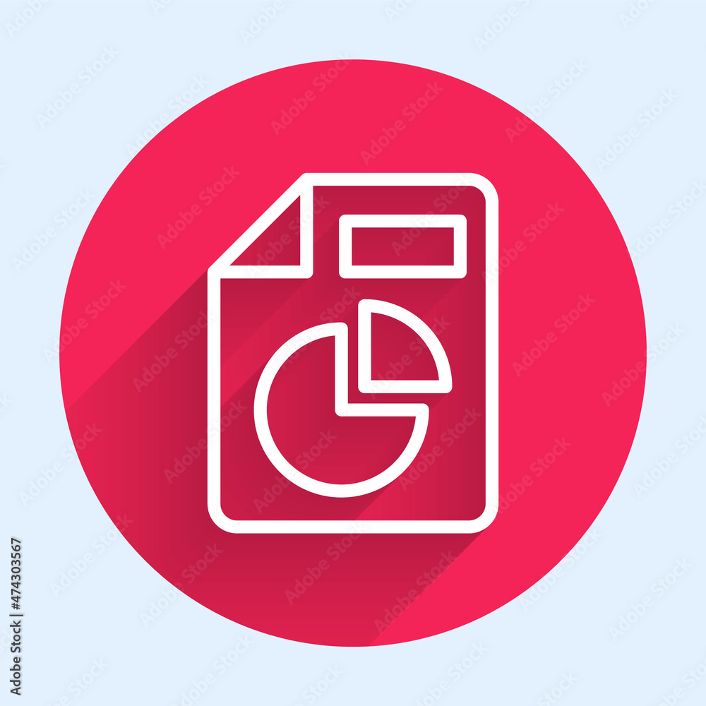 Poster white line document with graph chart icon isolated with long shadow background. report text file ico