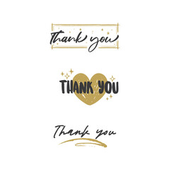 Thank you text lettering collection. Thanks message in hand drawn style typo. Handwriting letter with golden frames collection.