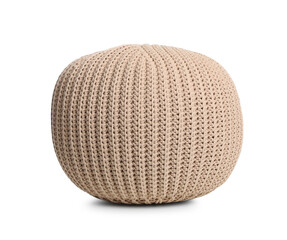 Stylish beige pouf isolated on white. Home design