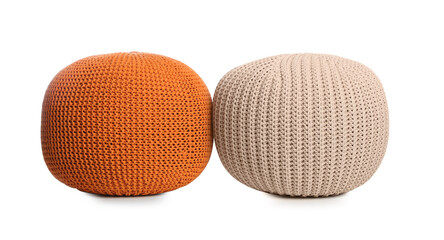 Different stylish poufs on white background. Home design