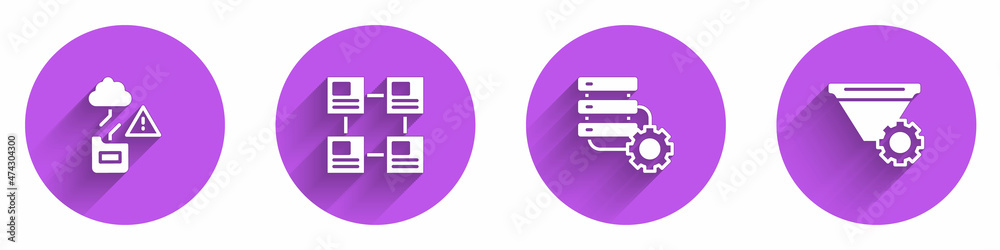 Poster set cloud technology data transfer, hierarchy organogram chart, server and gear and filter setting i