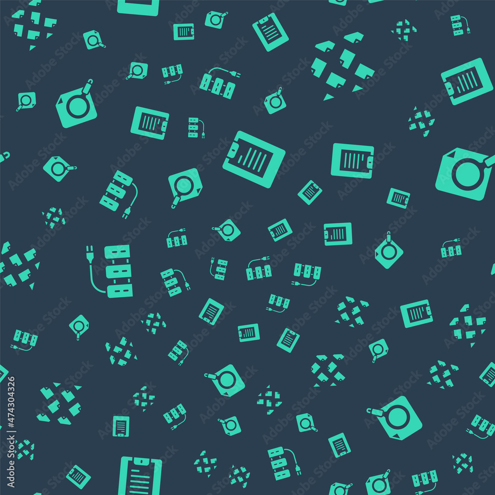 Poster set server, data report, stream, and search concept with folder on seamless pattern. vector
