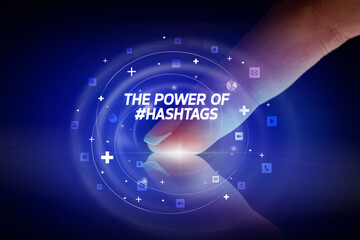 Finger touching tablet with social media icons concept concept