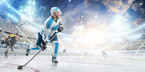 Professional hockey player ready to attack in ice. Side view. Sport concept. Athlete in action....