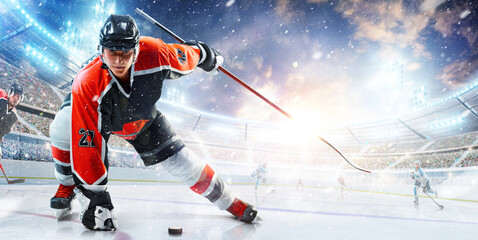 Sport. High concentration. Professional hockey player ready to attack in ice. Sports emotions....