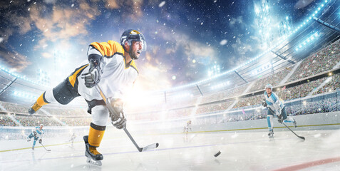 Obraz premium Sport. Professional hockey player in action. Sports emotions. Hockey concept. Ad