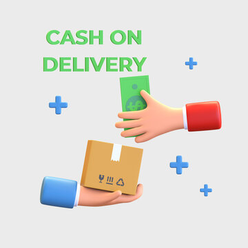 hand courier giving parcel box to customer and receive money cash on delivery service icon 3d render illustration