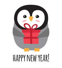 Vector flat doodle penguin with present and happy new year text isolated on white background