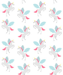 Vector seamless pattern of flat hand drawn pegasus isolated on white background