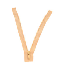 Beige zipper isolated on white, top view