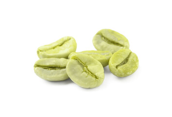 Pile of green coffee beans on white background