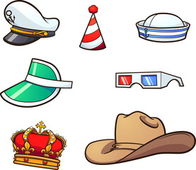 Cartoon hats and glasses of diverse shapes and sizes. Vector clip art illustration with simple gradients. Each on a separate layer.
