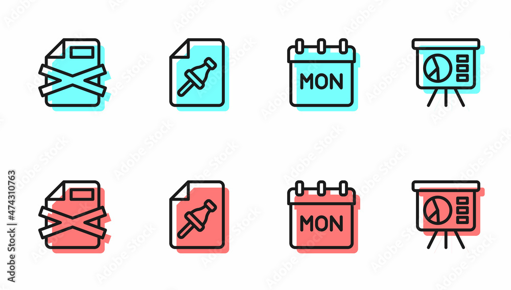 Poster set line calendar, delete file document, note paper with push button and board graph icon. vector