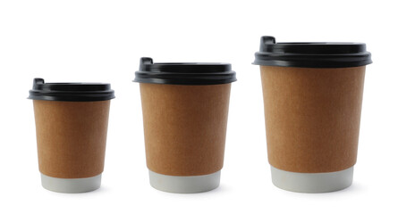 Paper coffee cups of different sizes on white background, collage