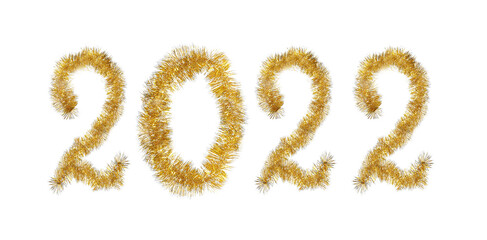 Number 2022 made of shiny golden tinsels on white background, banner design