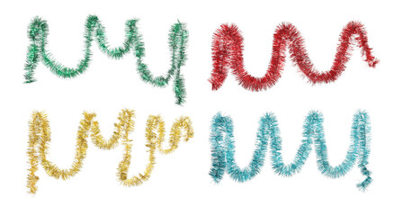 Set with different shiny tinsels on white background, banner design. Christmas decoration