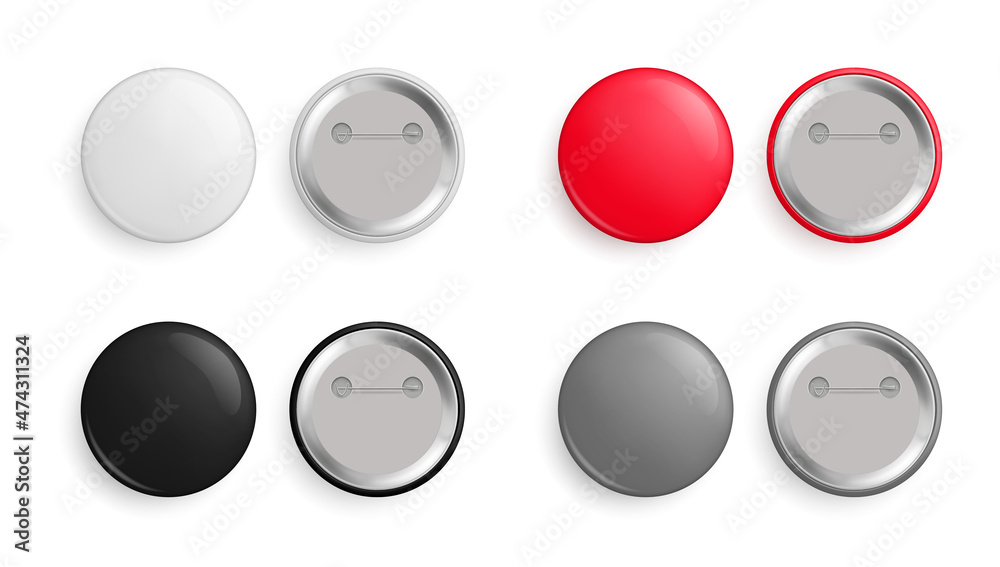 Wall mural round blank metal glossy pin button templates set. front and back view of empty badges with place fo