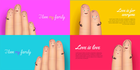 LGBT family and parenthood concept banners with inspirational quotes. Happy LGBTQ families with faces on fingers. Love diversity, relationship, equality and tolerance realistic vector illustration.