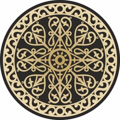Vector gold on a black background Yakut round ornament. The circle of the ancestors of the northern peoples of the tundra. Talisman, amulet, protection symbol of longevity and infinity
