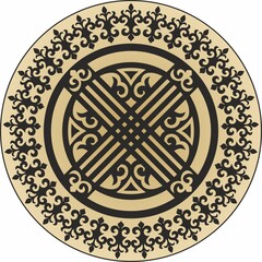 Vector black Kazakh round ornament on a gold background. The circle of ancestors of the nomadic peoples of the Great Steppe. Shanyrak, yurt decoration

