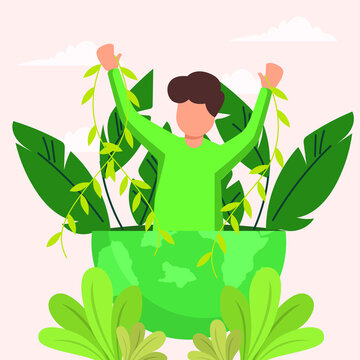 Male so excited to repair the earth that has been damaged to become green again. Vector colorful illustrator. All things green. Earth day.