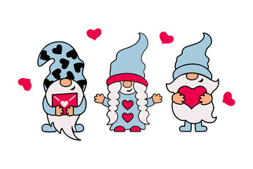 Three gnomes with hearts are on white background. Valentine's day card. Vector illustration.