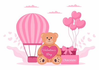 Happy Valentine's Day Flat Design Illustration Which is Commemorated on February 17 with Teddy Bear, Air Balloon and Gift for Love Greeting Card