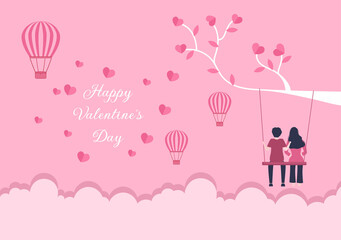 Happy Valentine's Day Flat Design Illustration Which is Commemorated on February 17 with Teddy Bear, Air Balloon and Couple for Love Greeting Card