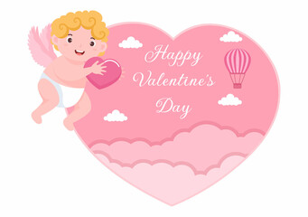Happy Valentine's Day Flat Design Illustration Which is Commemorated on February 17 with Cute Cupid, Angels on Clouds for Love Greeting Card