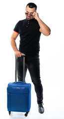 men with a suitcase and sunglasses. the person is going on a journey. isolated white background