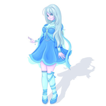 Vector illustration. An image of an anime girl with long blonde hair in a blue dress isolated on a white background. EPS 10