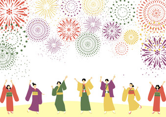 和服を着た人達　花火