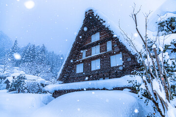 ゆきんこが出てきそうな、白川郷の降雪。