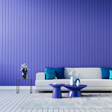 Purple Blue wall living room interior 2022 very peri - 3D rendering