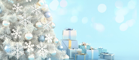 クリスマスツリーとギフト　青の背景と光