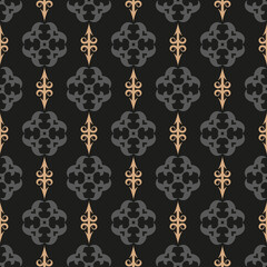 Background pattern with decorative vintage ornaments on a black background. Fabric texture swatch, seamless wallpaper. Vector illustration