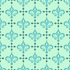 Old-fashioned background pattern with decorative vintage ornament on an all green background. Fabric texture swatch, seamless wallpaper. Vector illustration