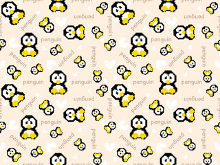 penguin cartoon character seamless pattern on cream background. Pixel style