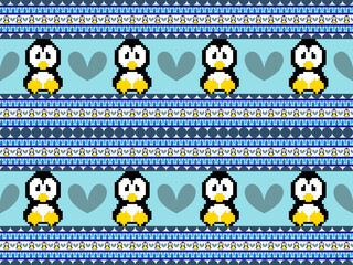 penguin cartoon character seamless pattern on blue background. Pixel style