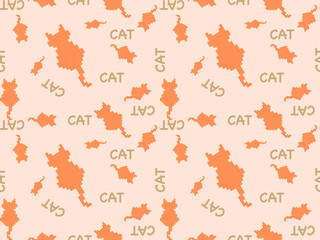 Cat cartoon character seamless pattern on orange background. Pixel style