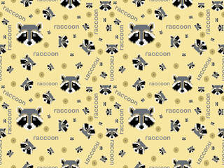 raccoon cartoon character seamless pattern on yellow background. Pixel style