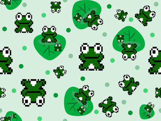 Frog cartoon character seamless pattern on green background. Pixel style